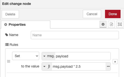 Using JSONata in a Change node to multiply a payload by 2.5