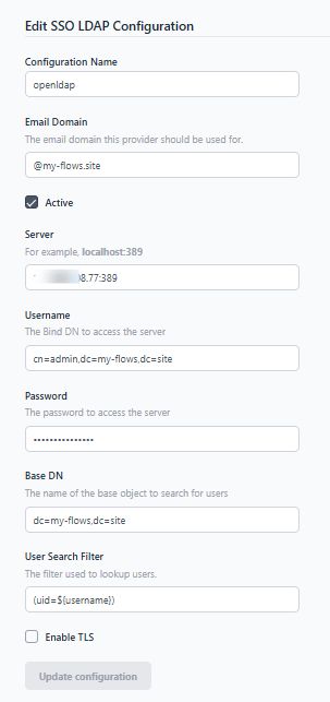 "Screenshot showing the advance form to create ldap sso configuration"