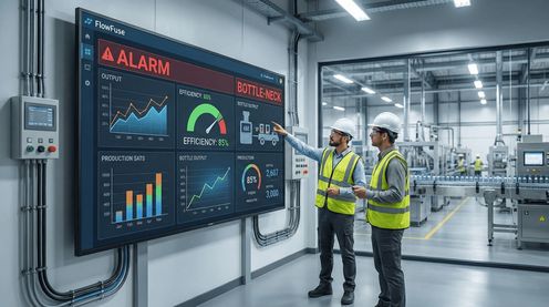 Plant workers looking at a screen with a dashboard