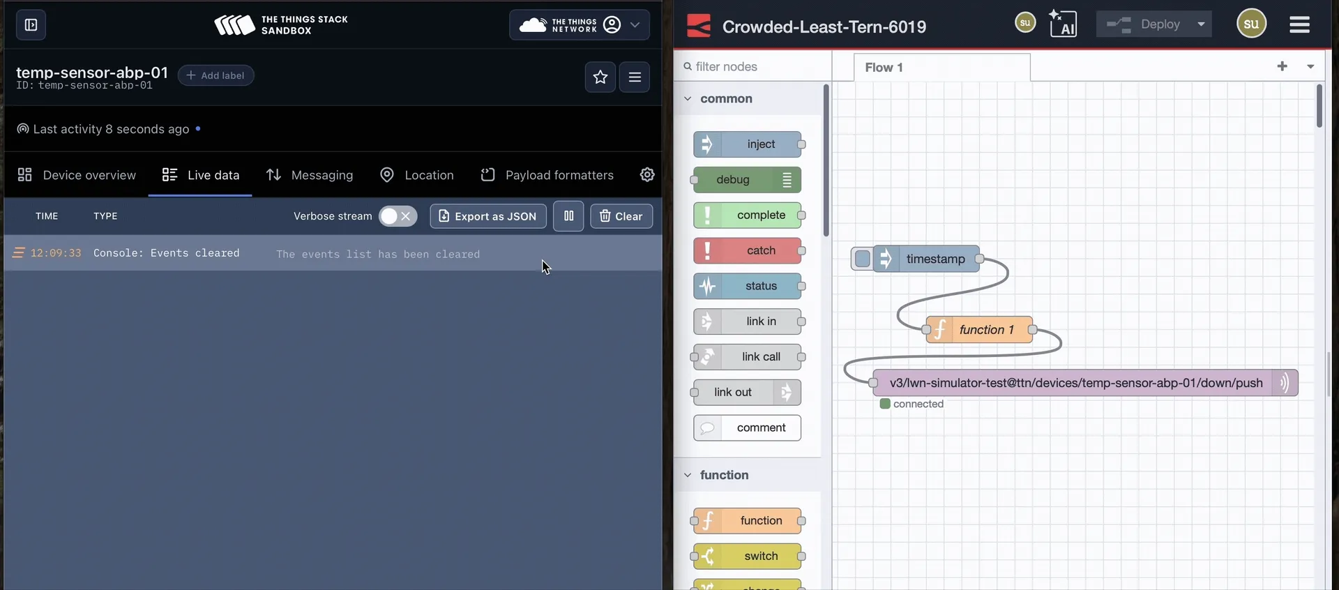 Image showing The Things Network console with live Downlink messages on the left and FlowFuse Node-RED debug panel with processed sensor data on the right