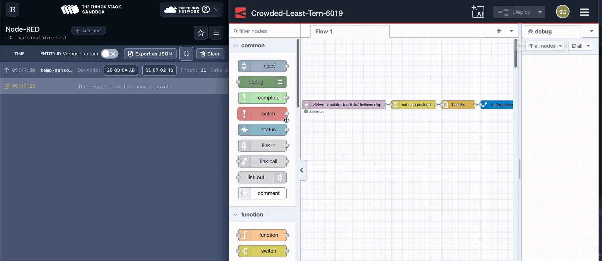 Image showing The Things Network console with live uplink messages on the left and FlowFuse Node-RED debug panel with processed sensor data on the right