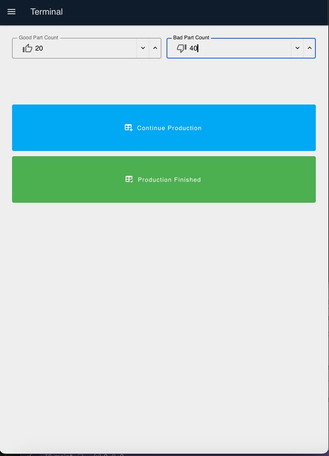 Production completion form with input fields for good parts and defects, plus buttons for Production Finished and Continue Production