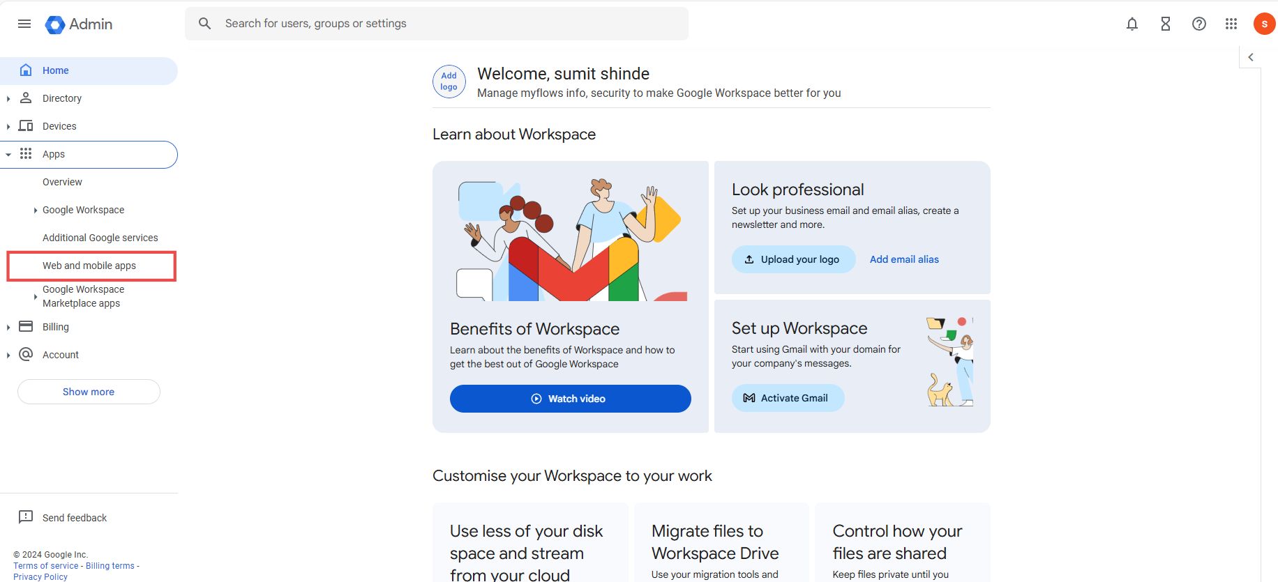 "Screenshot showing the 'web and mobile apps' option in the sidebar in the Google workspace admin console"