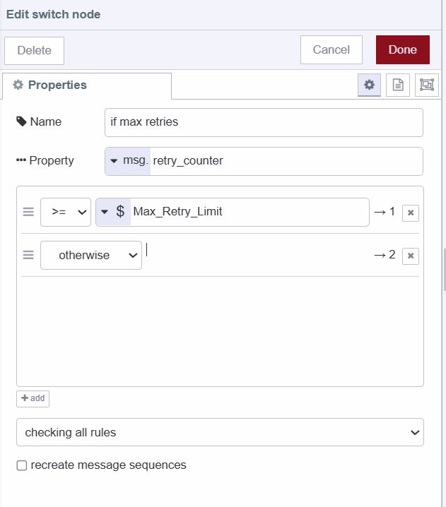 The switch node in Node-RED with a max retry condition set using an environment variable.