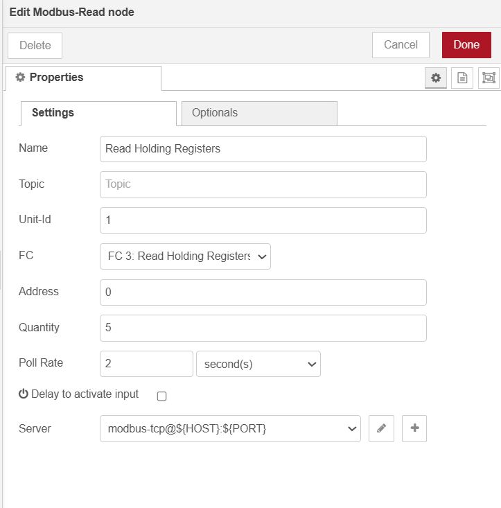 Image showing Modbus node configuration for reading holding registers