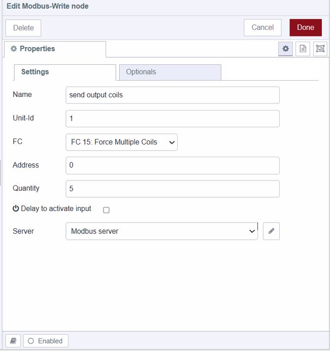 Configuring the Modbus send output coils write node