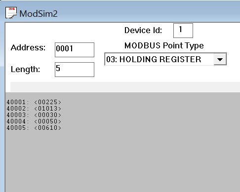 The ModSim interface, generating simulated Modbus data