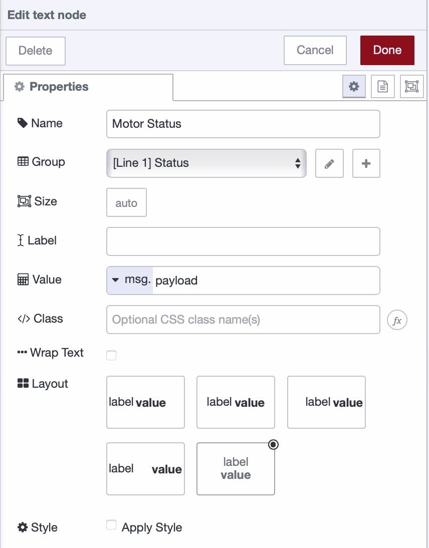 UI text widget configuration for displaying motor status