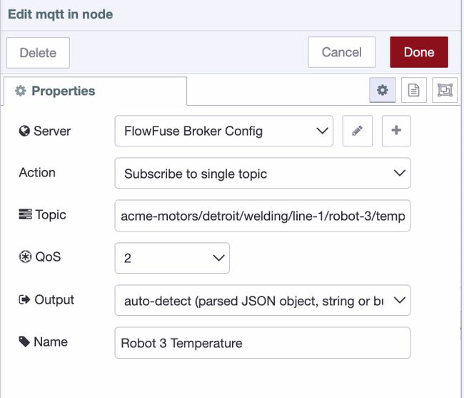 MQTT in node configured in Node-RED with topic set to the ISA-95 hierarchy and QoS set to 2.