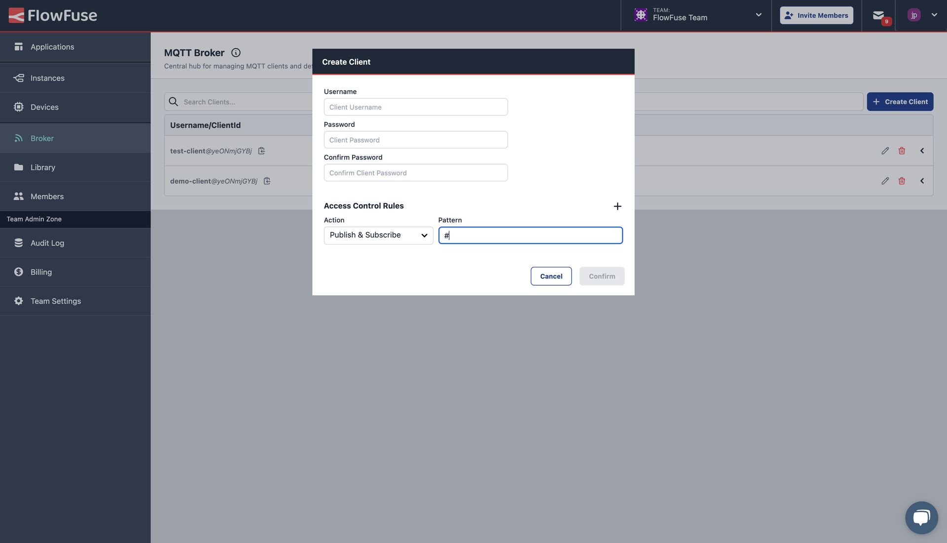 Screenshot of FlowFuse's "Create Client" interface