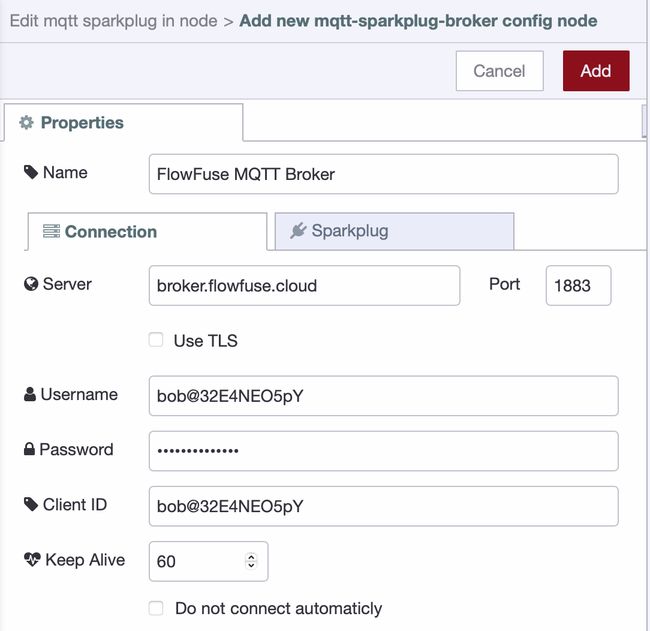 Screenshot showing the configuration of Sparkplug broker config node
