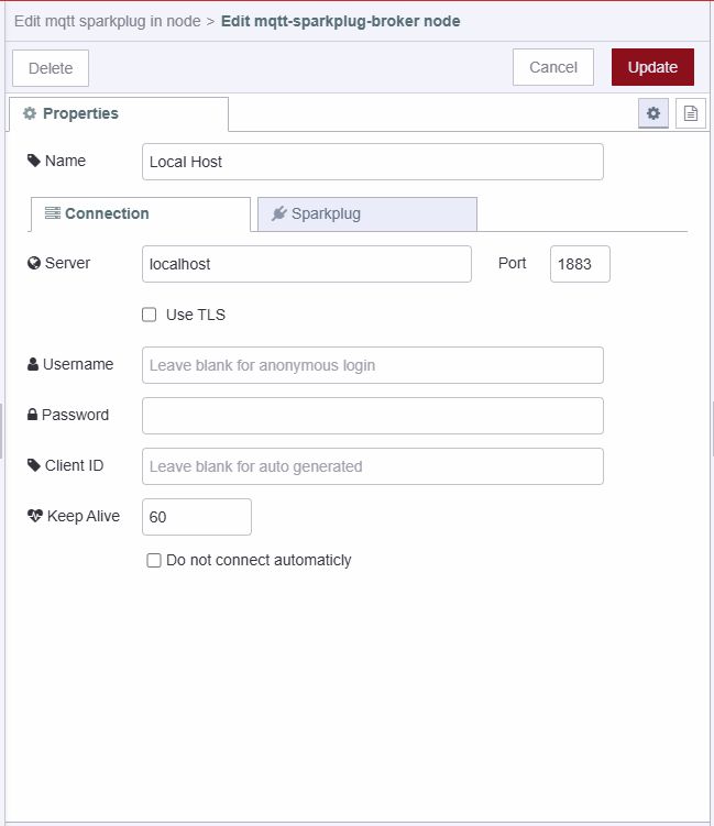 Screenshot showing the configuration of Sparkplug broker config node