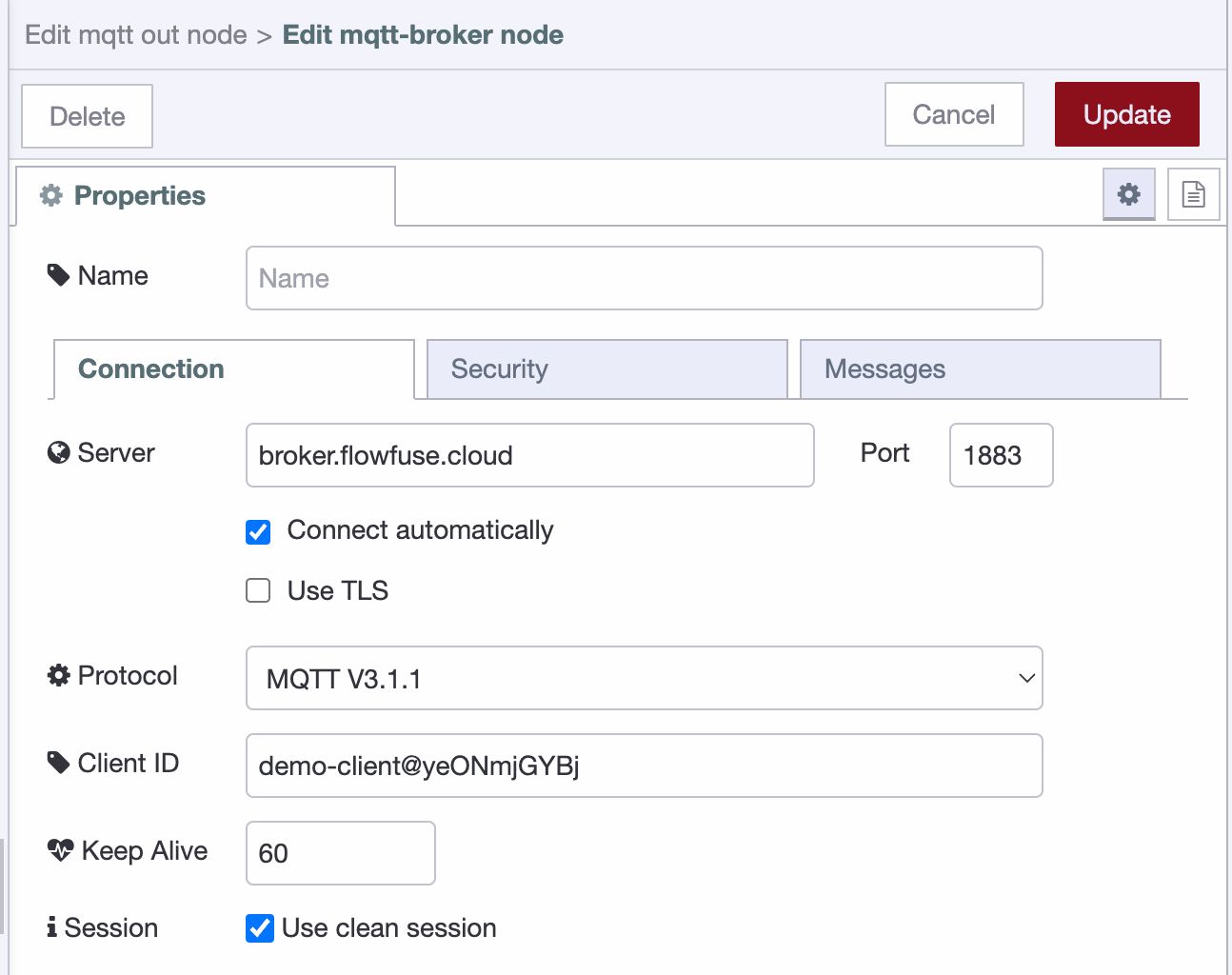 Screenshot of the MQTT Config, "Connection" tab in the Node-RED Editor