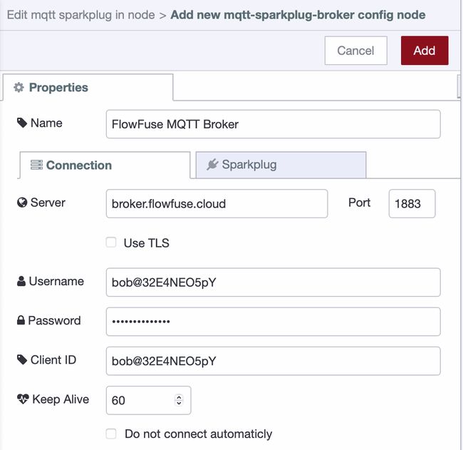 Screenshot showing the configuration of Sparkplug broker config node