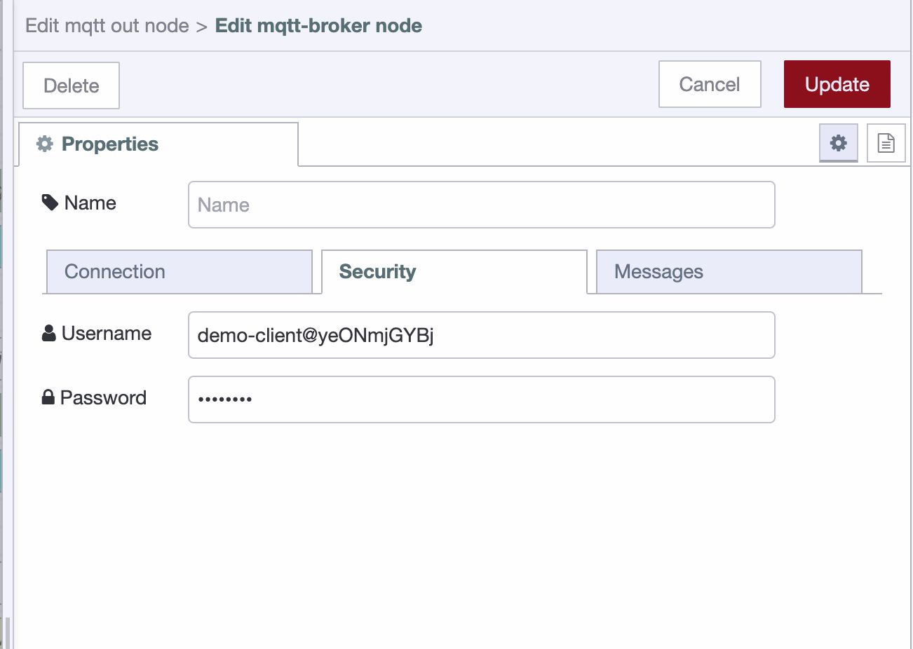 Screenshot of the MQTT Config, "Security" tab in the Node-RED Editor