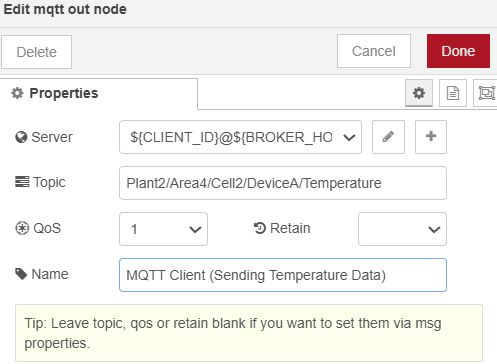 Image showing the MQTT Out node configuration 