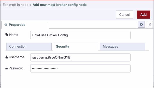 MQTT broker security tab in Node-RED showing username and password fields.