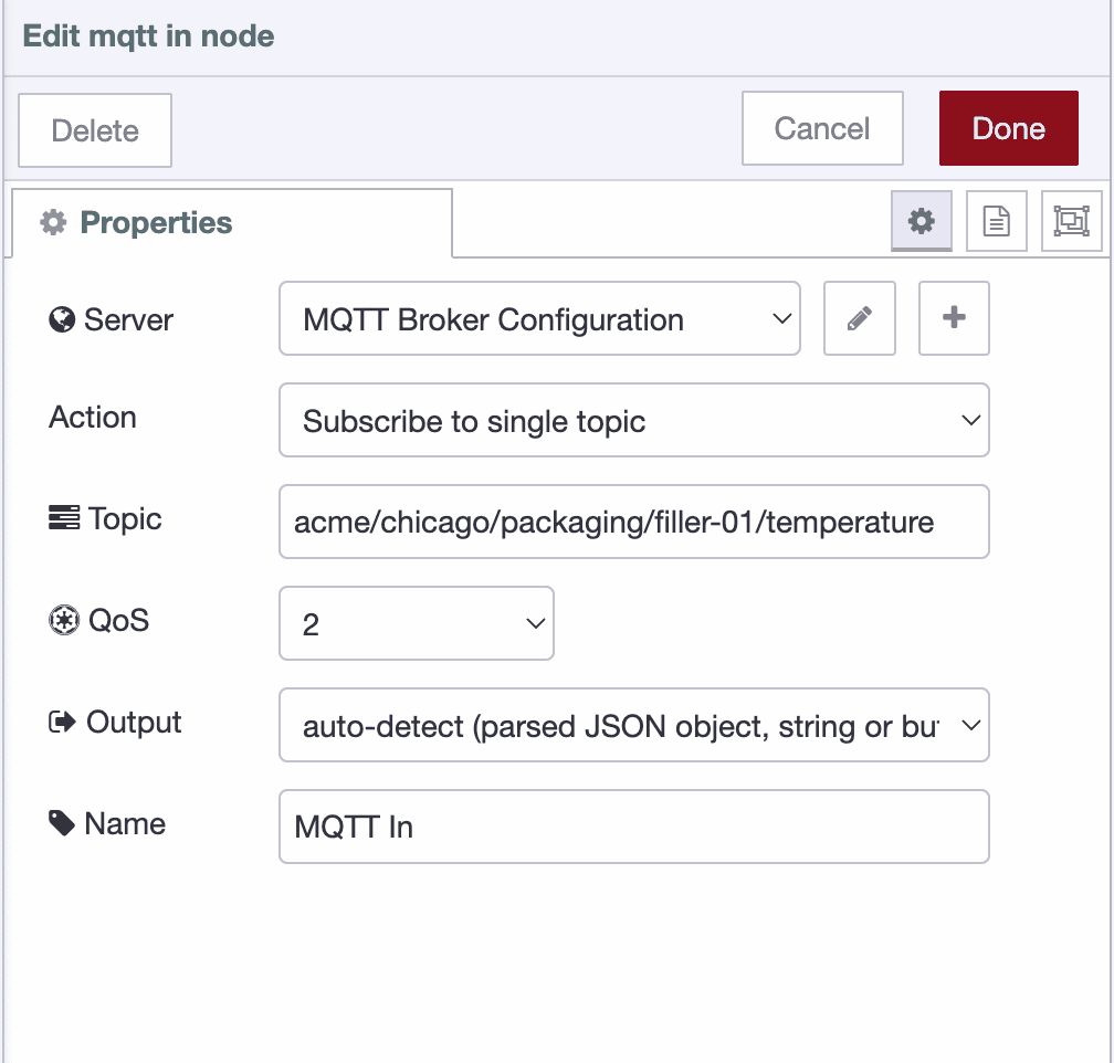 MQTT-in node configuration showing subscription settings with topic field and QoS options