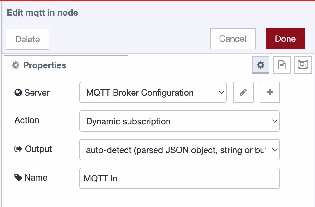 MQTT-in node configured for dynamic subscription mode with empty topic field
