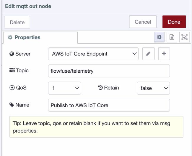"Node-RED canvas showing the mqtt out node configured with the AWS IoT Core endpoint as the server and flowfuse/telemetry as the topic"