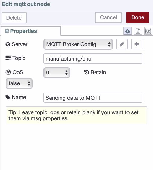 Configuring the mqtt out node with broker information