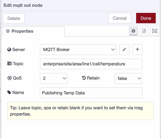 MQTT Out node — publishing data to a topic