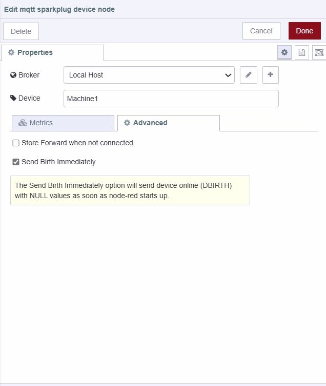 Screenshot showing the Sparkplug Device node configuration and the "Add" button for defining metrics