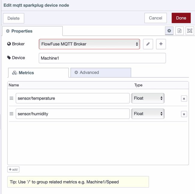 Screenshot showing the Sparkplug Device node configuration and the "Add" button for defining metrics