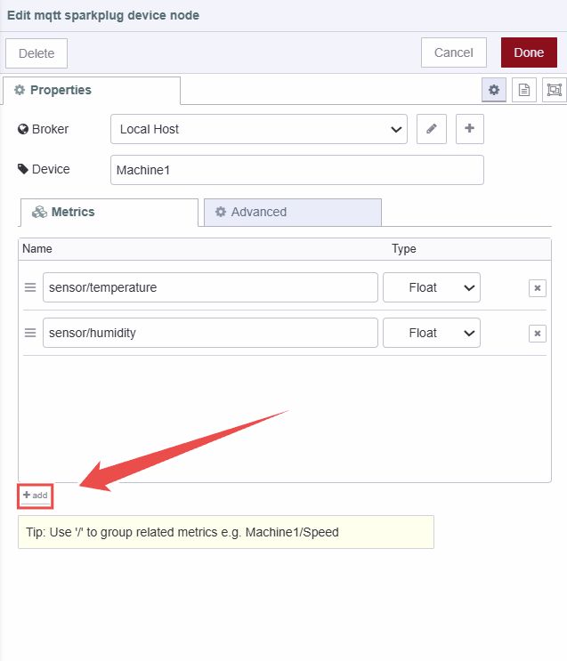 Screenshot showing the Sparkplug Device node configuration and the "Add" button for defining metrics