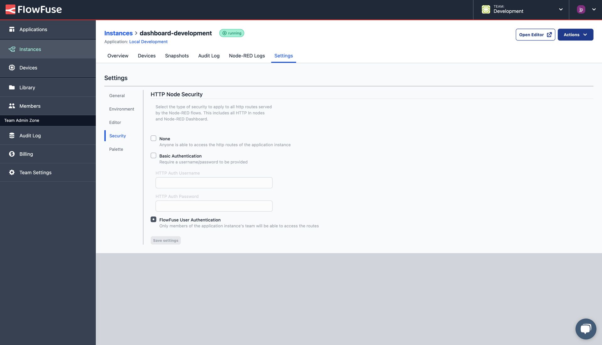 "Screenshot of the 'Security' settings available for any Instances running in FlowFuse"