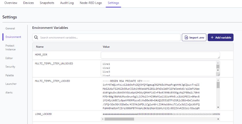 Screenshot showing the "Environment Variables" table in the Instance's Settings