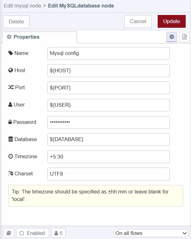 "Screenshot of MySQL node property dialog with the environment variables added"