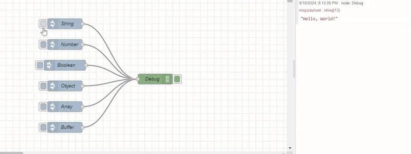 Inject node sending different data types