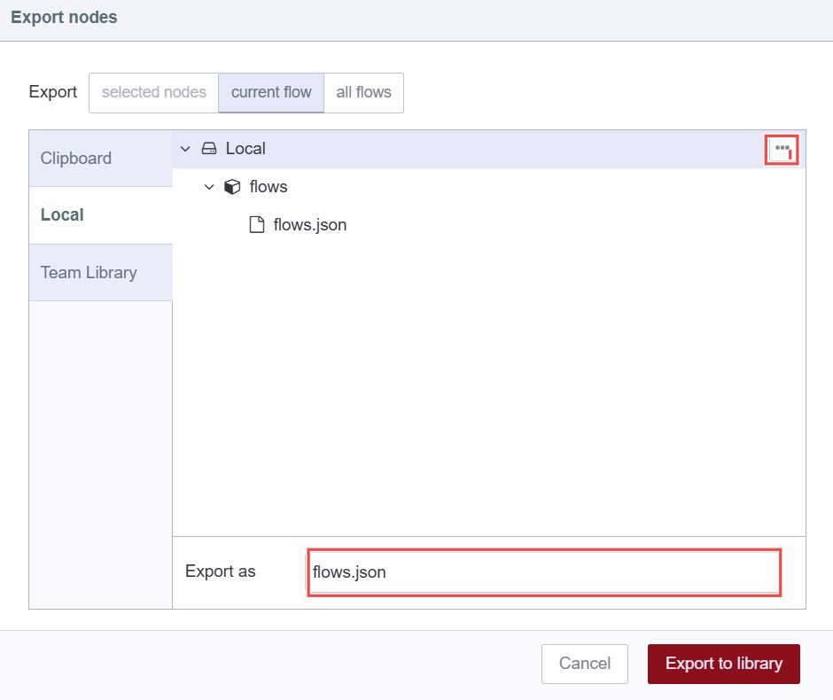 Option to export the flow to the Local Library, with the three-dot icon for creating a new folder and an input field to rename the flow file.