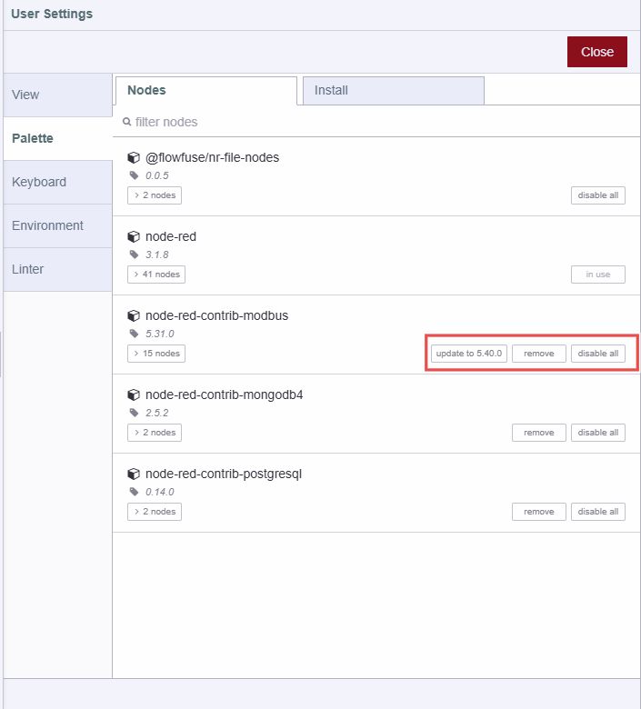 Node-RED Palette manger node's options