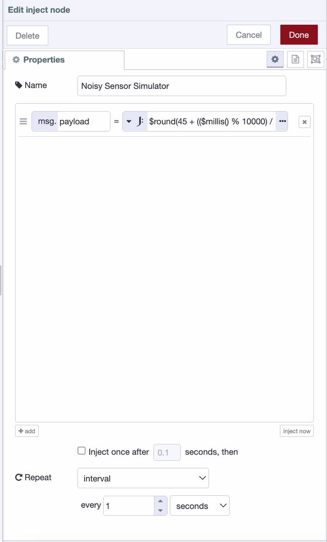 "Inject node configured as a noisy sensor simulator using JSONata expression in FlowFuse"