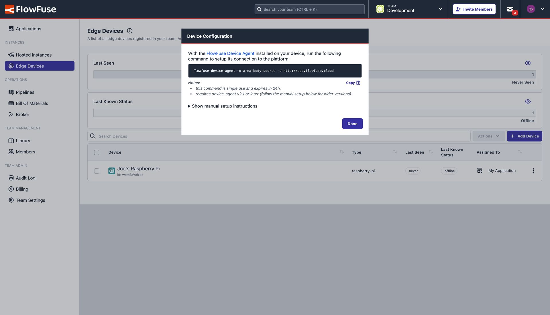 Screenshot showing the dialog with the one-time-code to connect your remote Node_RED instance to FlowFuse