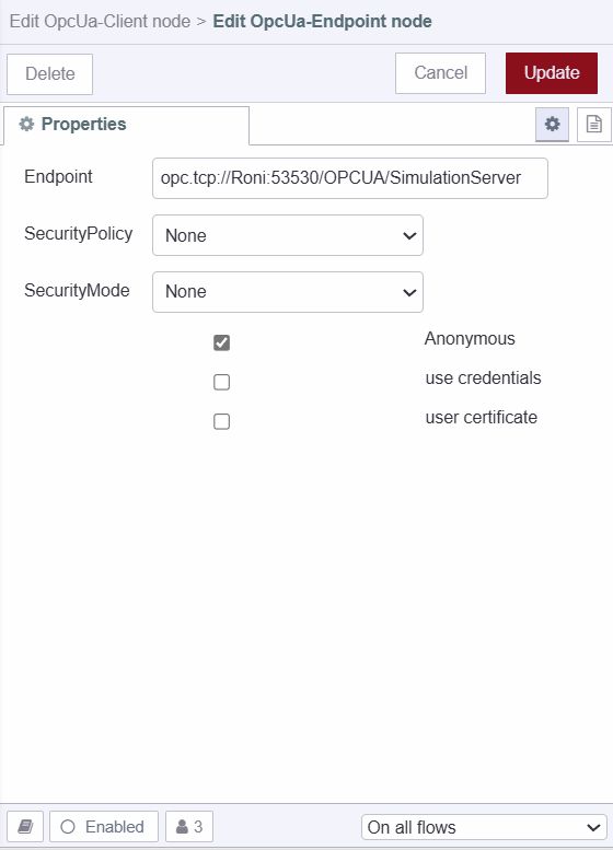 Configuring opc-ua client node with the opc ua server endpoint