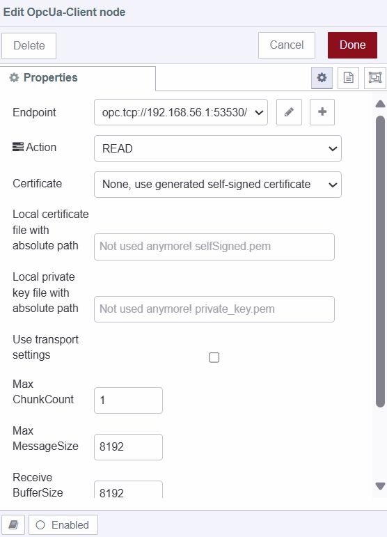 Configuring OpcUa-Client node to select the read operation