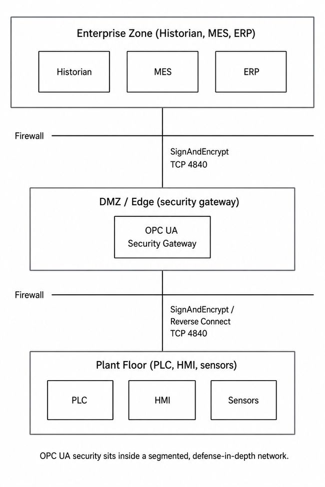 A segmented network with Enterprise, DMZ, and Plant Floor zones separated by firewalls, with SignAndEncrypt links between them.