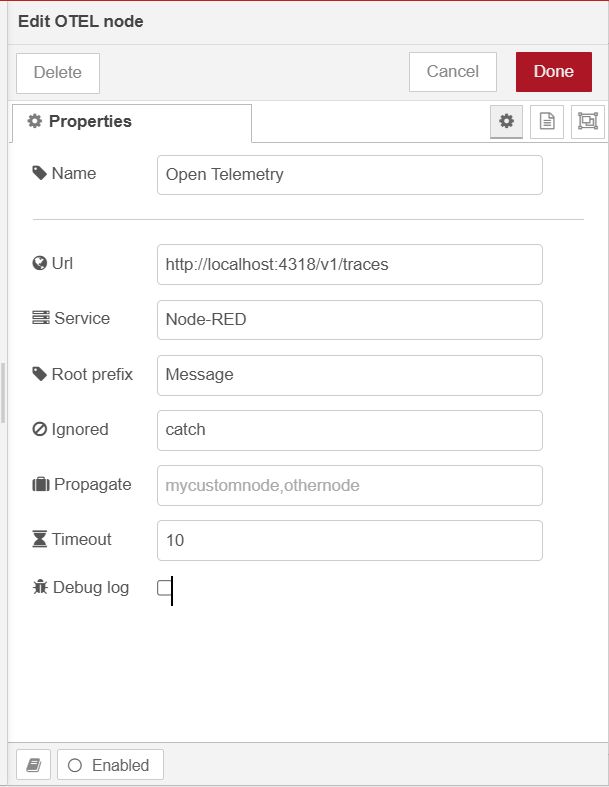 "Screenshot showing the configuration of opentelmetry node"