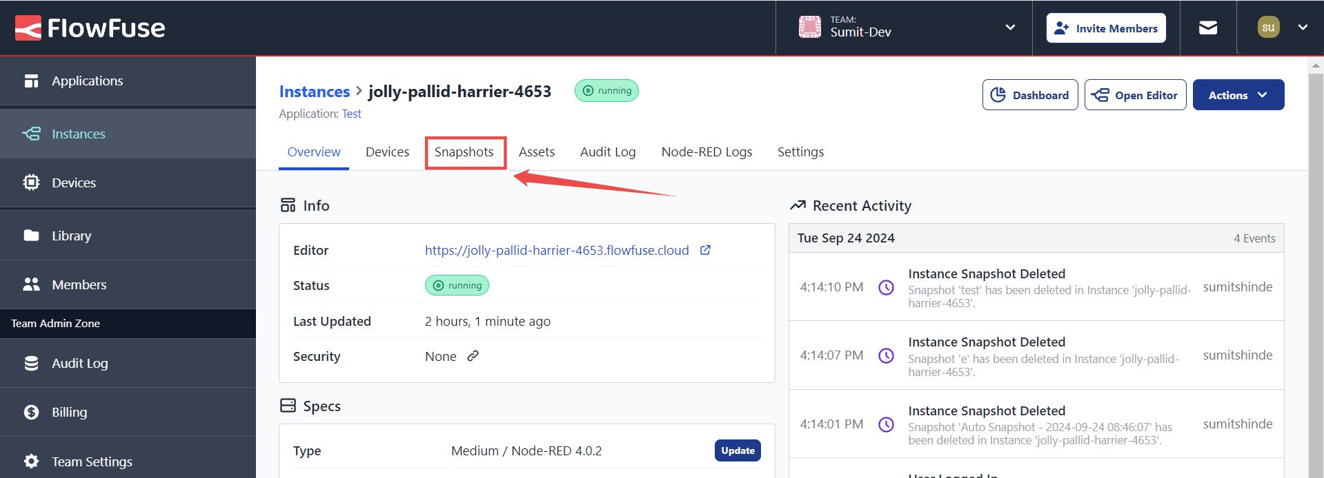 Image showing the option to switch to the Snapshots tab in FlowFuse Cloud Instance.