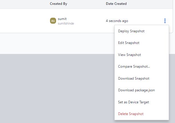 Image showing available options for managing snapshots in FlowFuse.