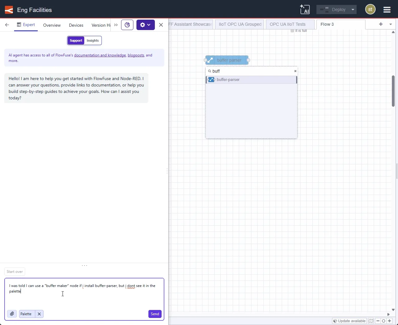 Palette Context discussion with the FlowFuse Expert.