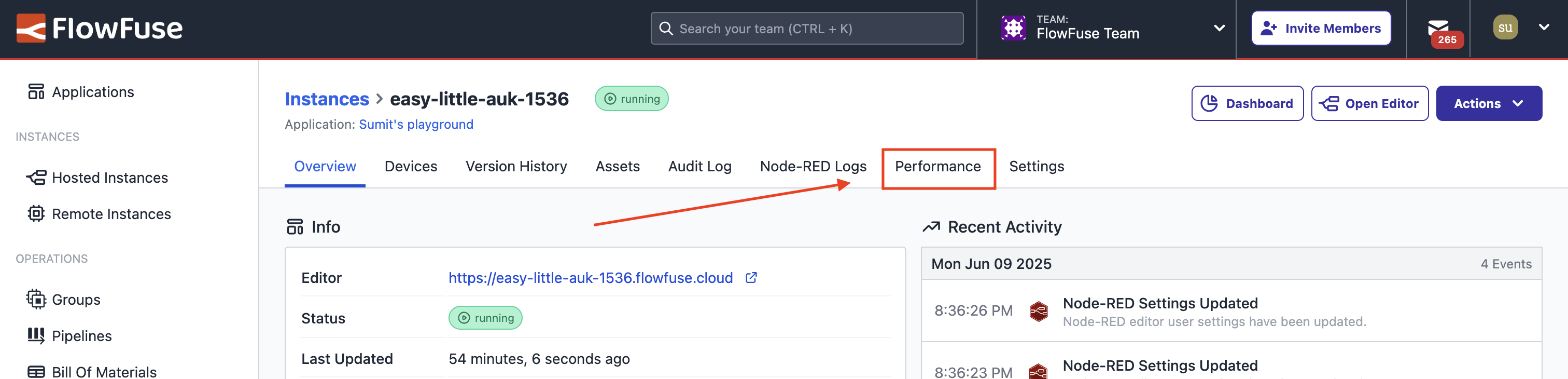 Option to open the instance performance view