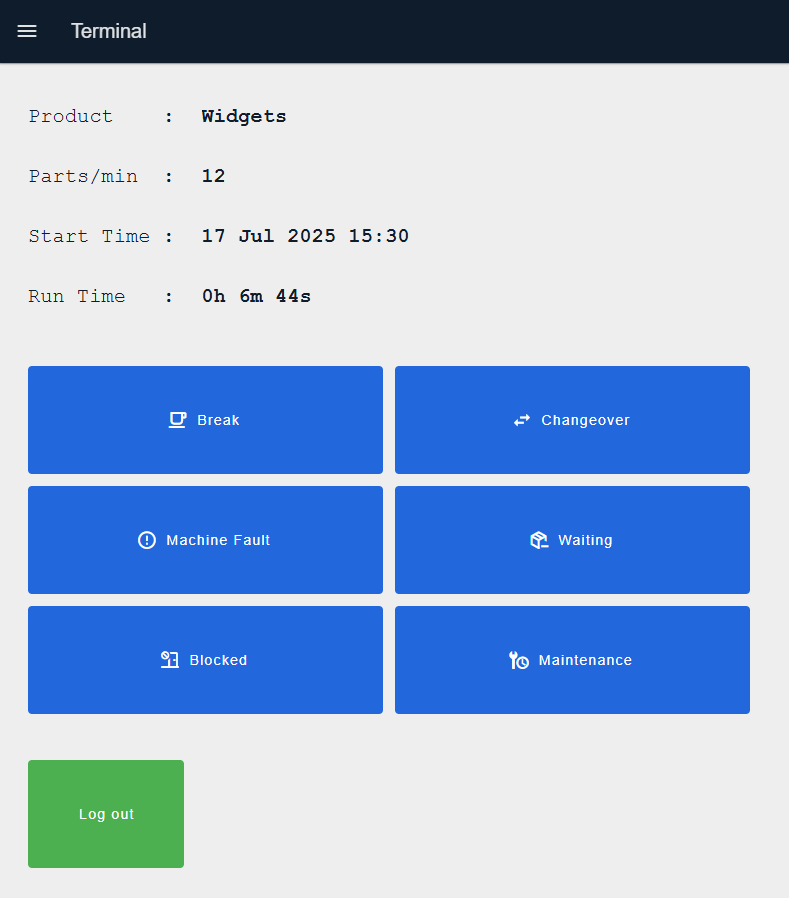 Performance Operator Terminal dashboard showing production monitoring interface with runtime counter and control buttons