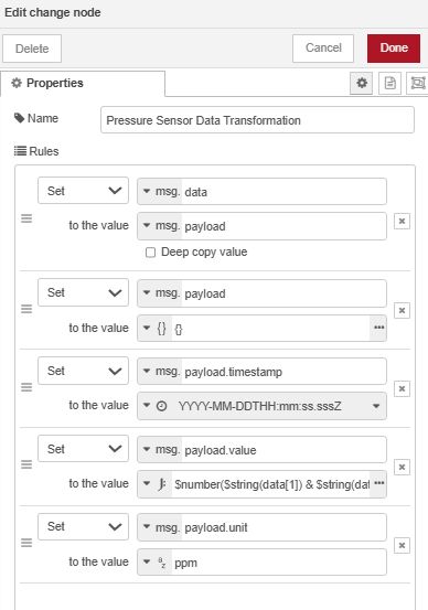 Image showing the Change node rules transforming pressure data