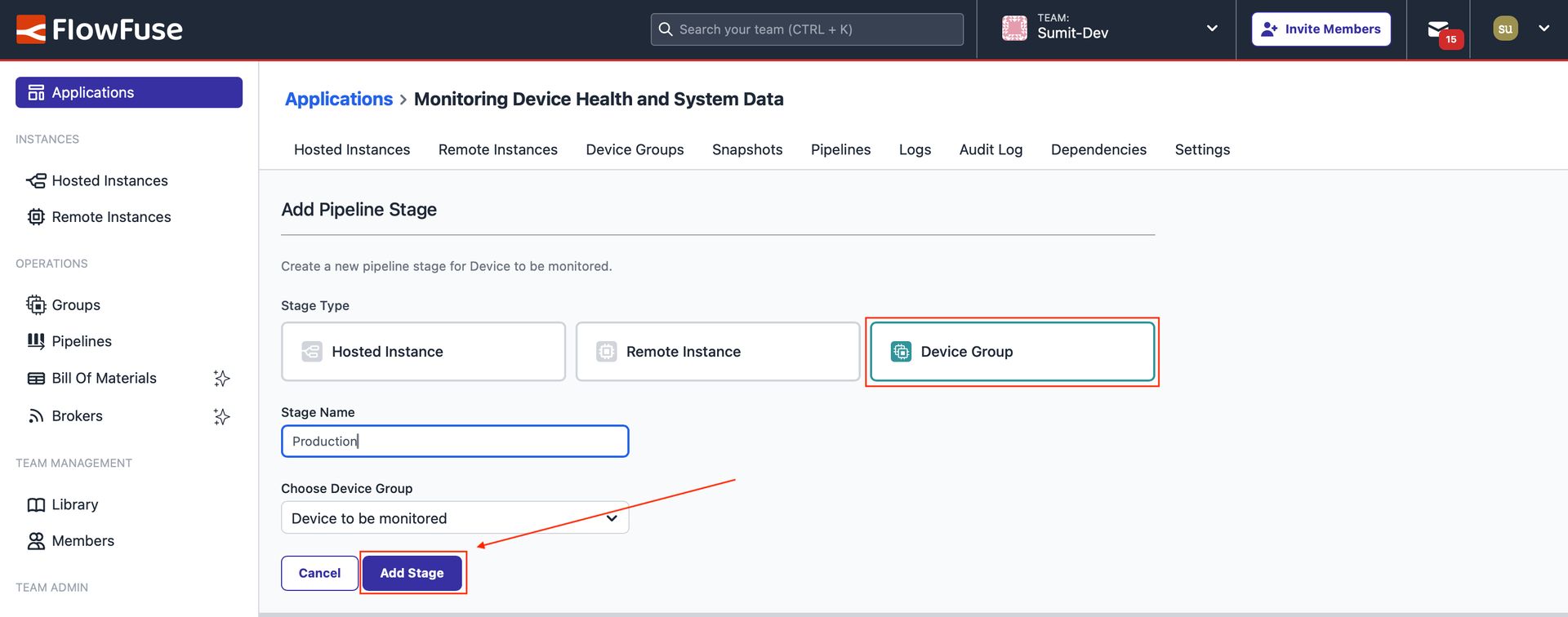 Image showing the form to add a stage, where a stage is being added for a Device Group.