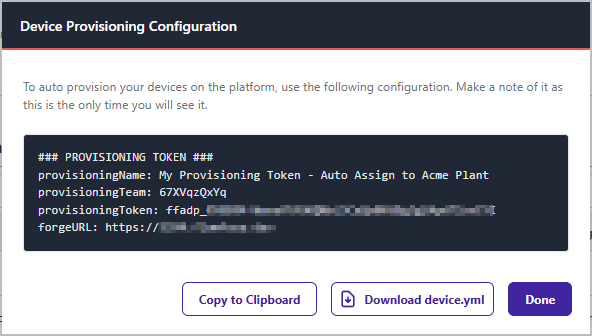 Screenshot of a FlowFuse Remote Instance Provisioning Token