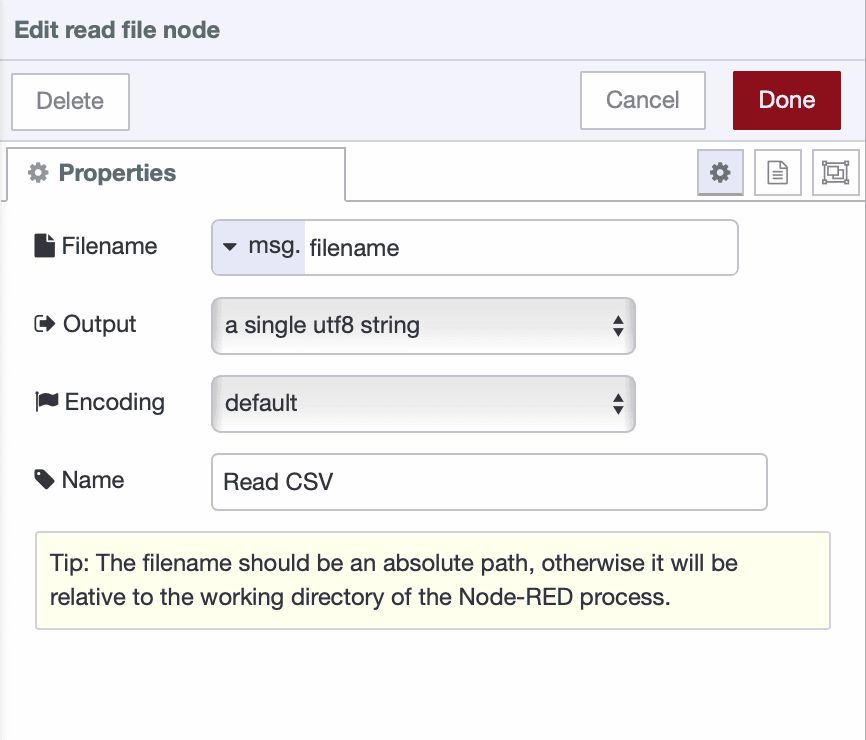 Configuration screen of the Read File node showing filename set to msg.filename, output format as utf8 string, and default encoding